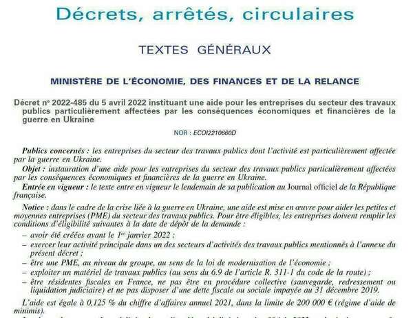 Aide pour les  PME des TP  parution du Décret le 6 avril