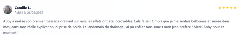 Avis cliente sur le drainage lymphatique à Fosses : réduction des ballonnements, ventre plus plat et jambes légères après une séance chez Abbies My Bien-Être.