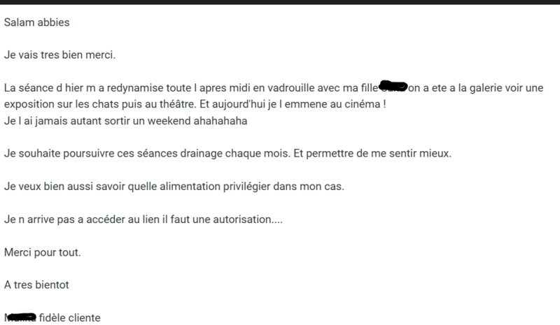 Témoignage d’une cliente satisfaite après une séance de drainage lymphatique chez Abbies My Bien-Être à Fosses, amélioration de l’énergie et du bien-être