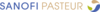 Logo Sanofi Pasteur avec texte bleu beige et emblème coloré