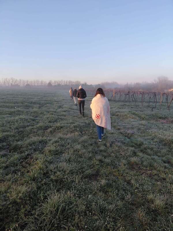 Grand champs brumeux le matin et des personnes de dos qui marchent