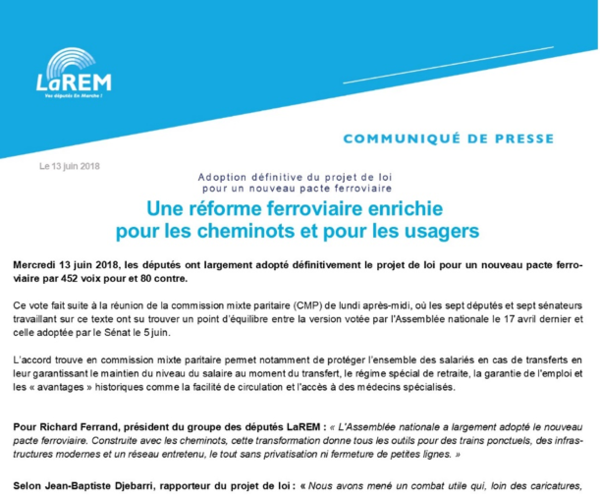 Communiqué de presse - Adoption définitive du projet de loi pour un nouveau pacte ferroviaire