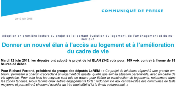 Communiqué de presse - Adoption en 1ère lecture du projet de loi ELAN