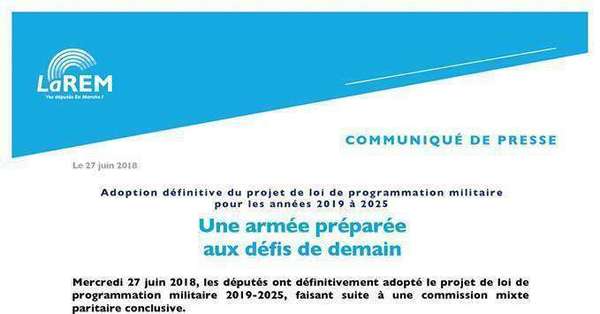 Communiqué de presse - Adoption définitive du projet de loi de programmation militaire pour les années 2019 à 2025