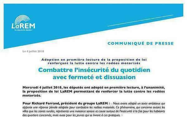 Communiqué de presse - Adoption en 1ère lecture du projet de loi renforçant la lutte contre les rodéos motorisés