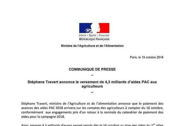 Communiqué de presse - 4,3 milliards d'aides PAC aux agriculteurs