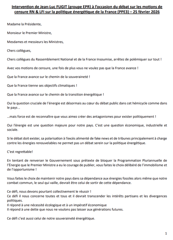 IntervenƟon de Jean-Luc FUGIT (groupe EPR) à l’occasion du débat sur les moƟons de censure RN & LFI sur la poliƟque énergéƟque de la France (PPE3) 