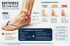 Illustration pédagogique d'une entorse de cheville présentant les ligaments touchés, les grades de l'entorse et le protocole PEACE & LOVE recommandé pour favoriser la récupération.