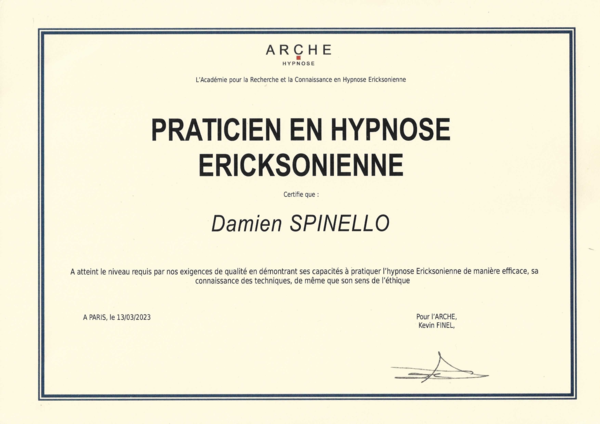 Ma certification en tant que "praticien en hypnose ericksonienne"