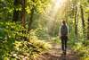 Femme marchant dans une forêt ensoleillée pour s’accorder un moment de récupération.