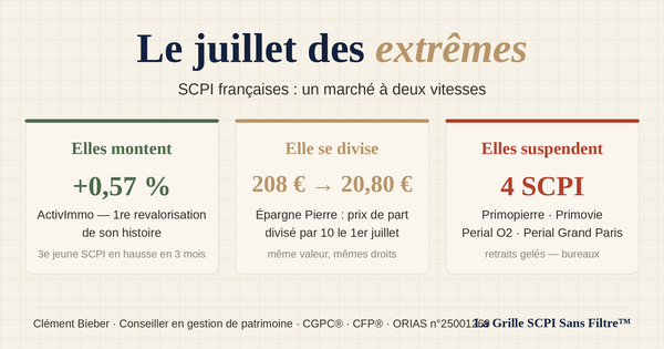 SCPI en juillet 2026 : suspensions, revalorisations, division de part — le marché à deux vitesses