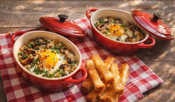 ŒUFS COCOTTE AU BRIE, CHAMPIGNONS & TRUFFE
