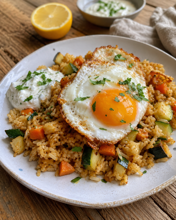 Poêlée de riz aux œufs, légumes & sauce yaourt citron