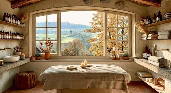 Table de massage dans une ambiance chaleureuse, avec vue sur un paysage automnal aux coulmeurs dorées