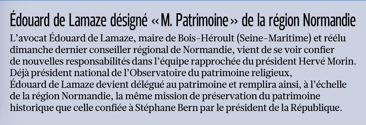 Article Me Edouard de LAMAZE désigné « M PATRIMOINE » de la région Normandie.