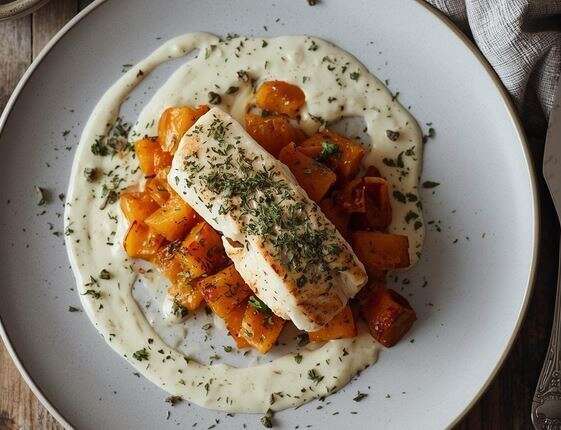 Patate douce rôtie et crème de poisson légère