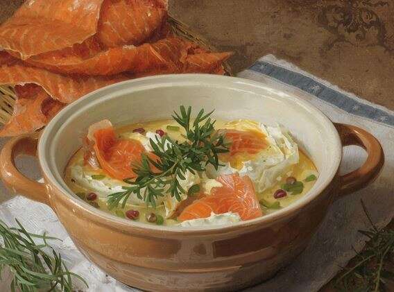 Œuf cocotte aux poireaux, fromage de brebis brebis et truite fumée