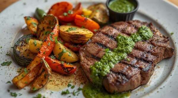 Steak grillé, légumes rôtis & sauce chimichurri 