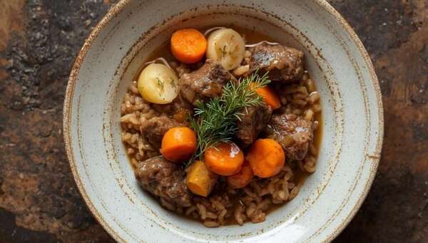 Bœuf mijoté aux carottes, navets et riz complet 