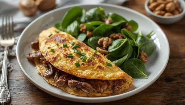 Omelette moelleuse aux champignons & salade croquante 
