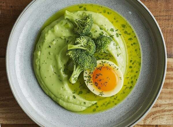 Purée de brocolis, fondue de fenouil et œuf mollet 