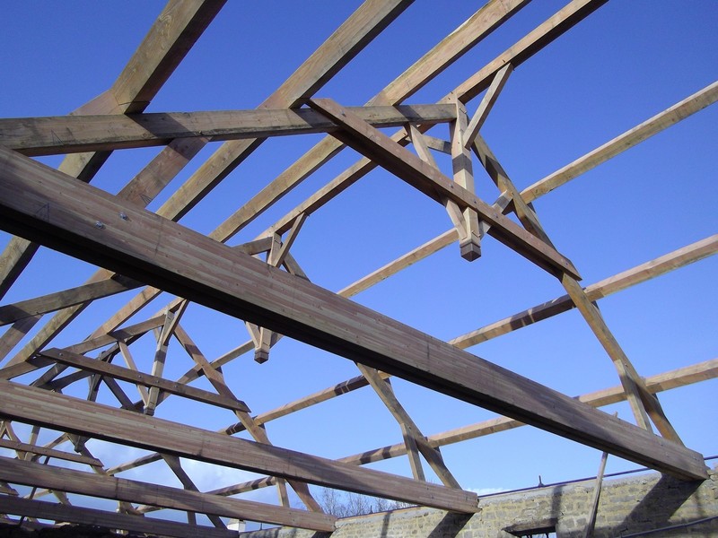 Charpente traditionnelle avec fermes et pannes en douglas.