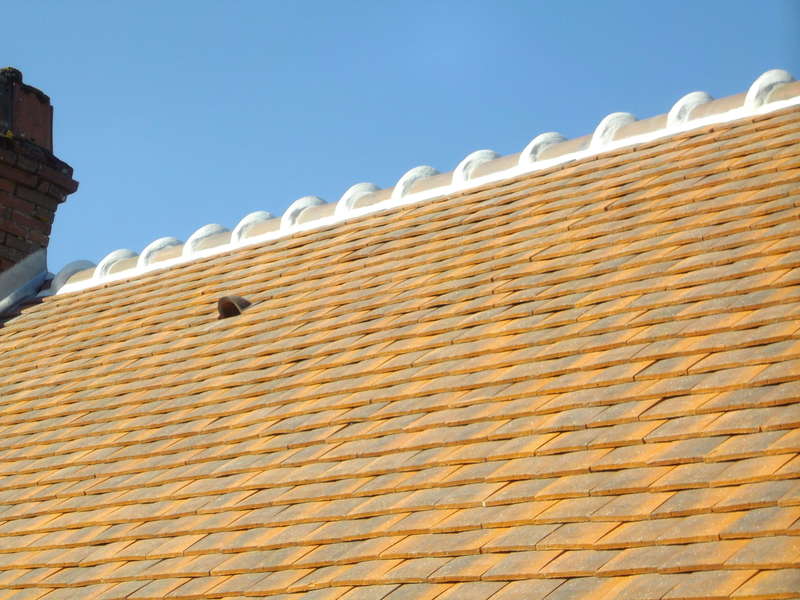 Crête de faîtage et embarrure scellés au ciment blanc.