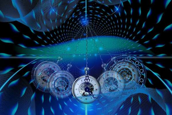 montre à gousset qui bouge de gauche à droite pour hypnotiser sur un fond bleu psychédélique