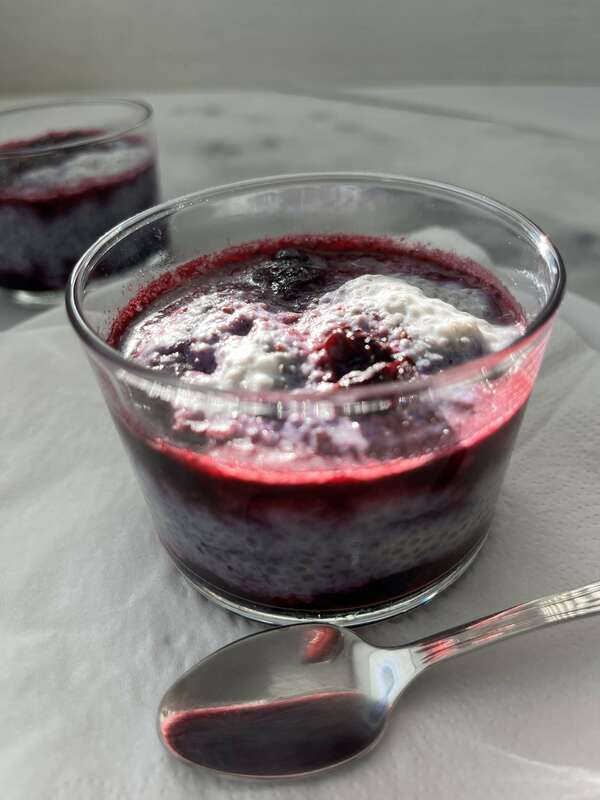 Dessert au Lait de Coco, graines de Chia et Myrtilles