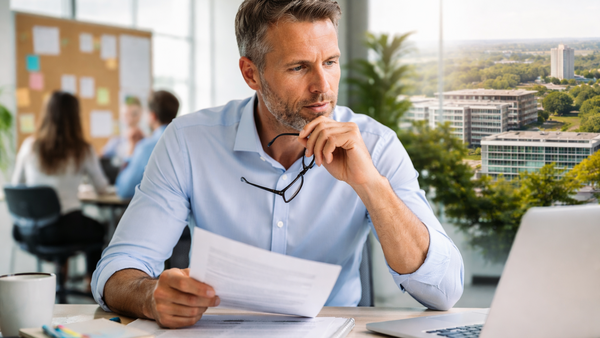 Dirigeant d’entreprise à Carquefou concentré dans son bureau, illustrant la pression et les décisions liées à la croissance