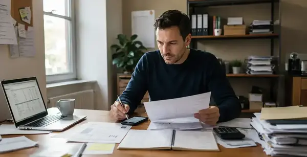 Dirigeant de PME à son bureau, arbitrant entre plusieurs priorités