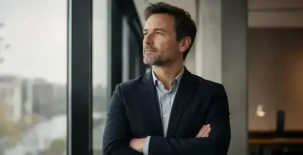 Dirigeant debout face à une fenêtre de bureau, posture assurée malgré un moment de doute intérieur @